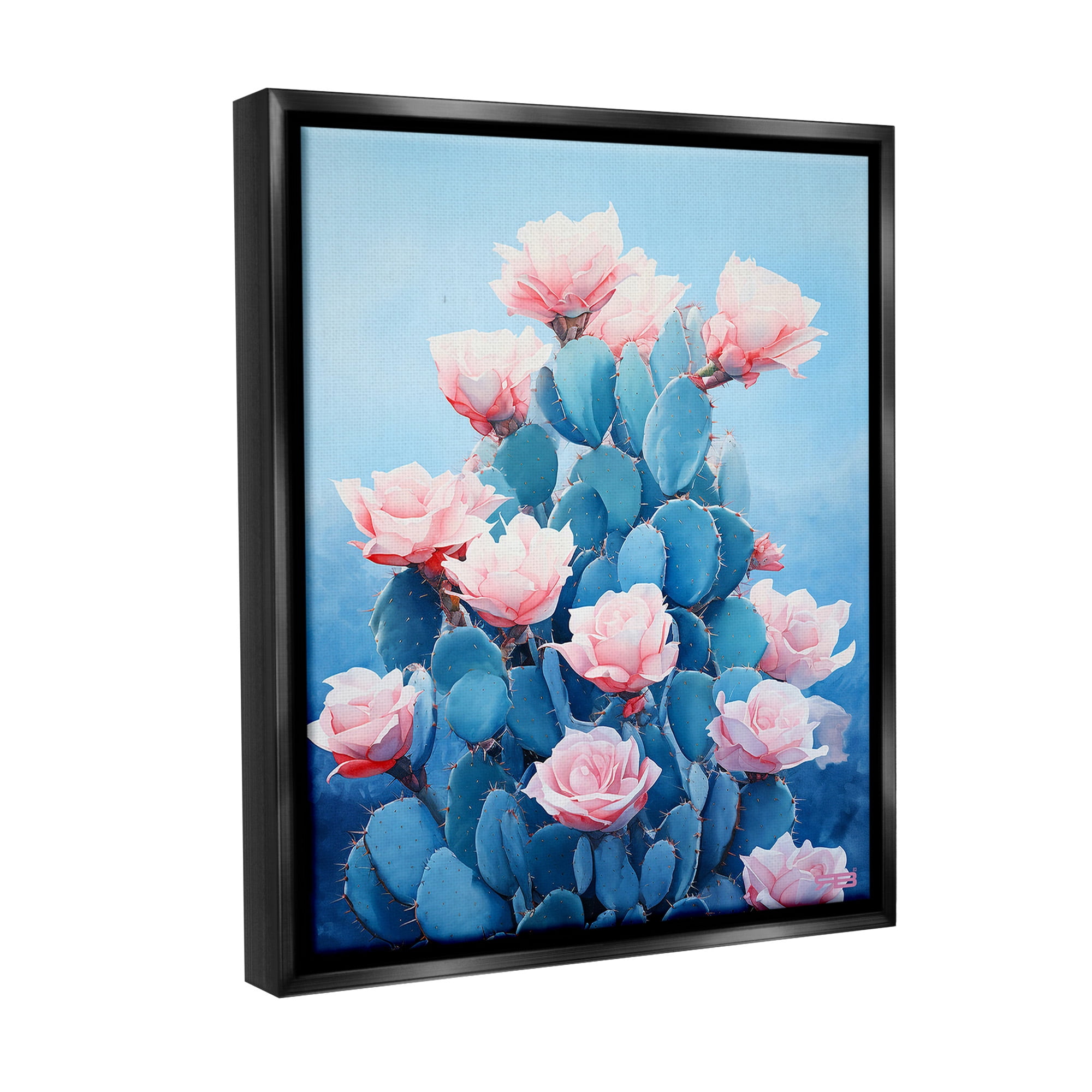 Stupell Industries Cactus & Rose Blossoms Botanical & Floral Painting Black Floater Framed Canvas Art Print Wall Art, 25 x 31