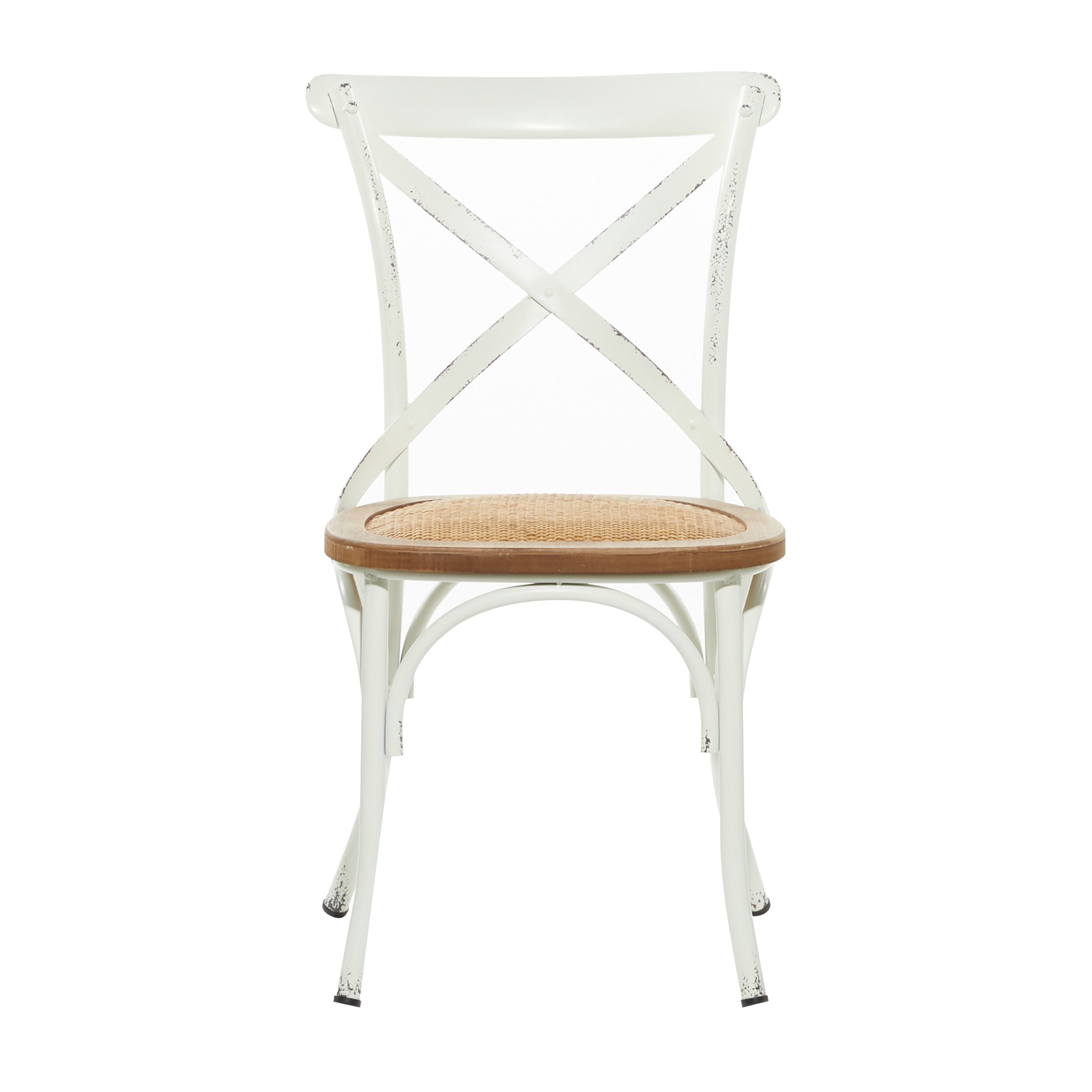 DecMode Metal Dining Chair with Brown Rattan Seat, Set of 2, White