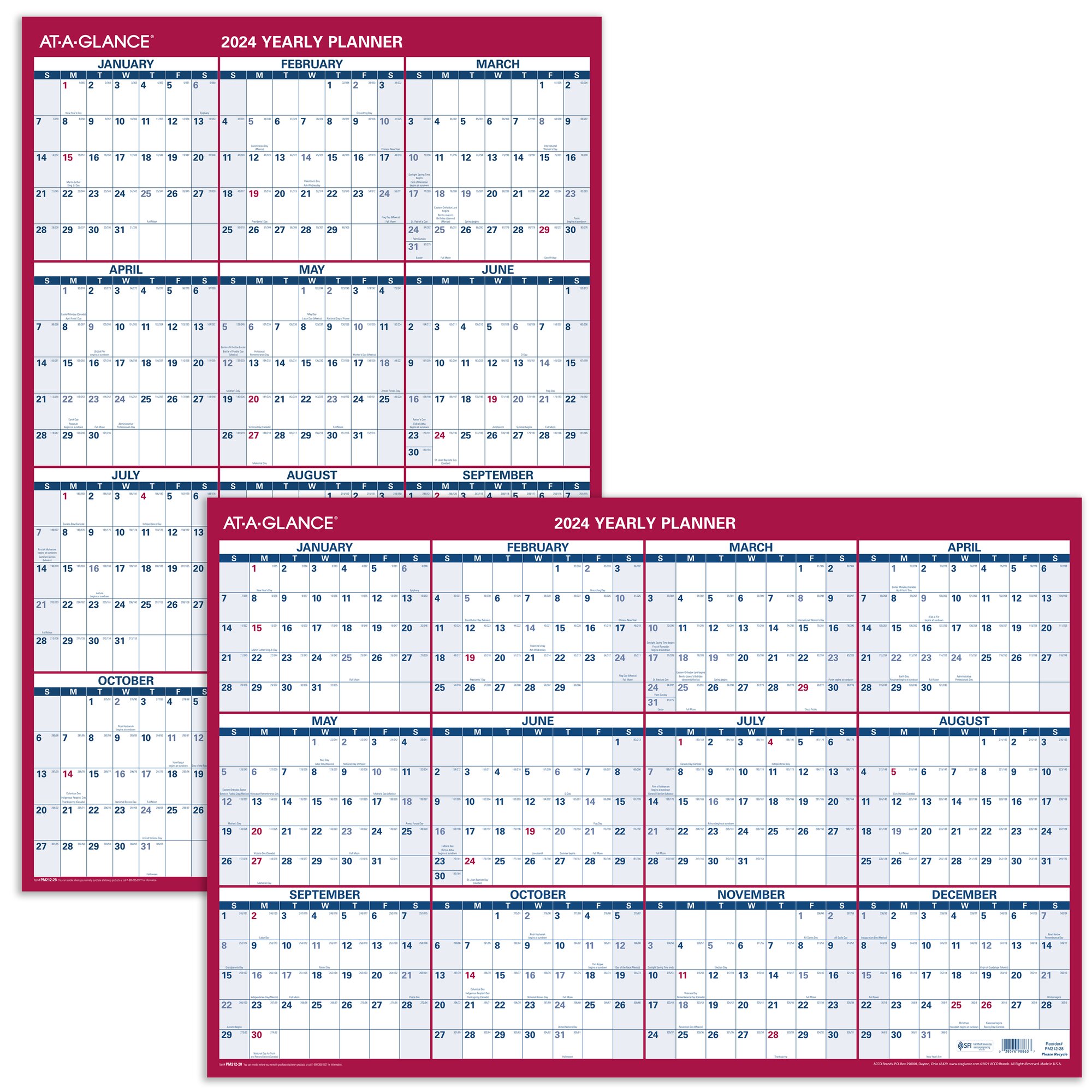 Vertical/Horizontal Wall Calendar, 24 x 36, White/Blue/Red Sheets, 12 ...