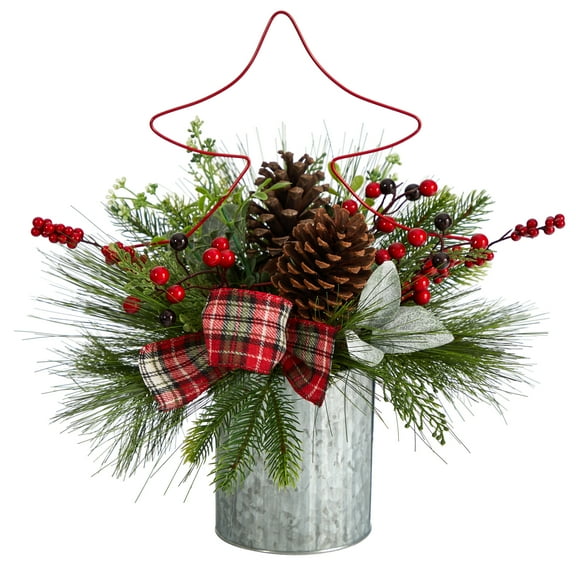 Nearly Natural 17" Pinecone and Berries Artificial Flower Arrangement in Silver Metal Vase, Green