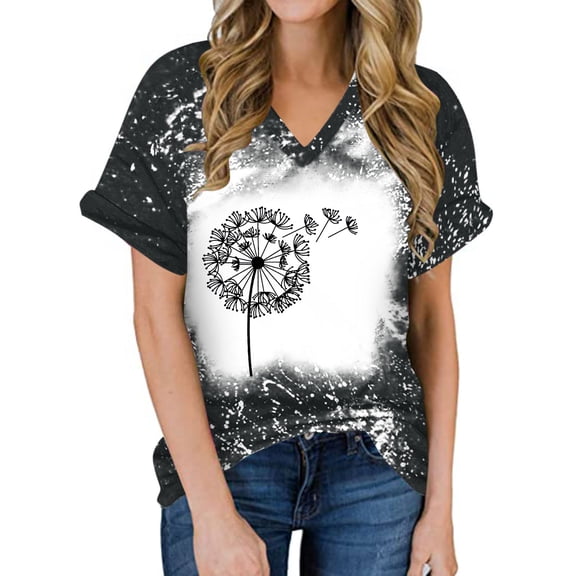 Summer T Shirts For Women 2023 V Neck Dandelion Print Shirts Tie Dye Print Top Short Sleeve Blouse Tops Fashion Shirts Graphic Casual Tee Shirt Clearance Sale Items Cheapeast Thing On Sale