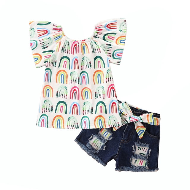 ZAXARRA Tenue pour Petites Filles, Hauts à Manches Courtes Imprimés, Shorts en Denim Déchirés