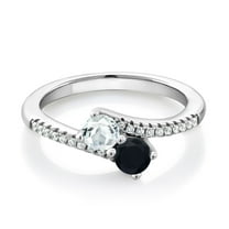 Gem Stone King 925 Sterling Silver Sky Blue Aquamarine and Black Onyx Bypass Ring for Women (0.71 Cttw, Gemstone March Birthstone, Round 4MM, Available in Size 5, 6, 7, 8, 9)