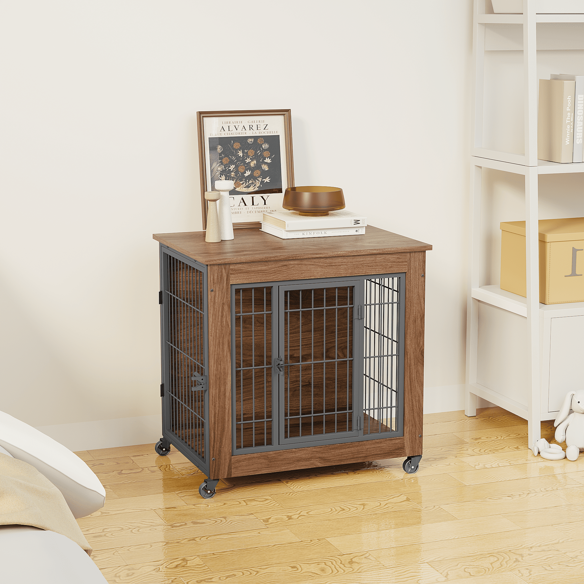 27.2" Dog Crate Furniture with Wheels, Wooden Indoor Pet Kennel End Table, Heavy Duty Double-Door Metal Dog Cage with Brake Casters, Sturdy Breathable Crate for Small Anxious Dogs