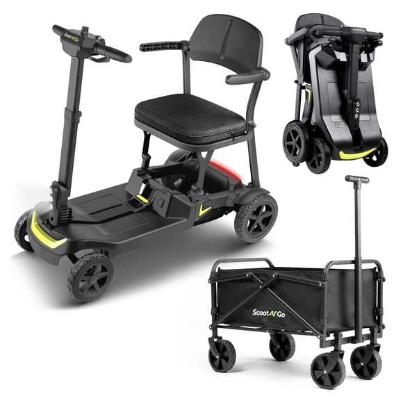 ScootNGo 39lbs Ultra Lightweight Foldable 4-Wheel Electric Mobility Scooter for Seniors, Airline Approved Dual Battery, Yellow with Storage Trailer