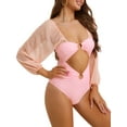 thumbnail image 4 of Bikini de una pieza con escote en V, mangas largas, malla y control de abdomen, color rosa, talla X-Large, 4 of 5