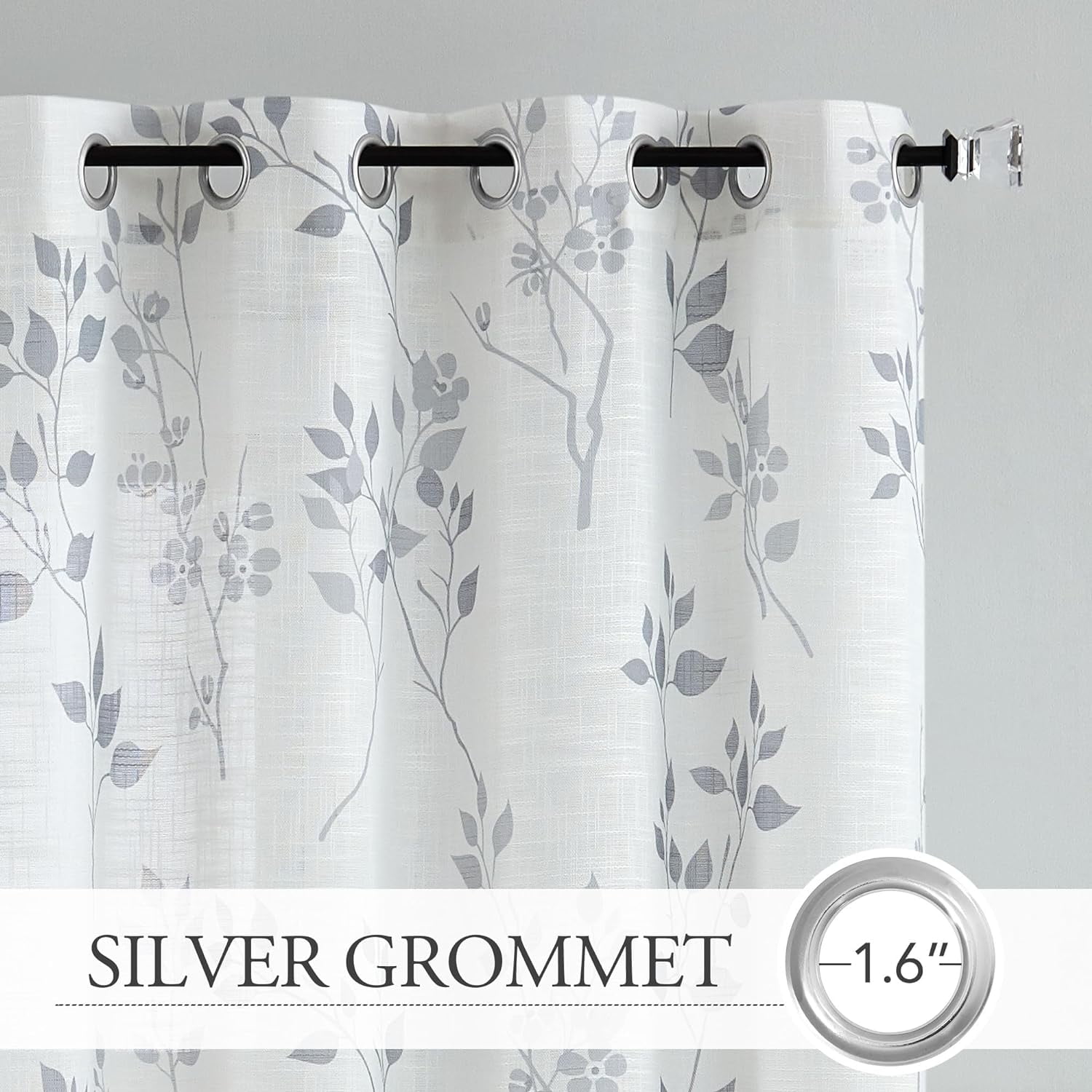 Floral Linen Semi Sheer Curtains 84 Inches Long 2 Panels for Living Room Bedroom Grey Farmhouse Flower Patterned Light Filtering Textured Grommet Top Window Treatments Drapes, 50x84 2 Set