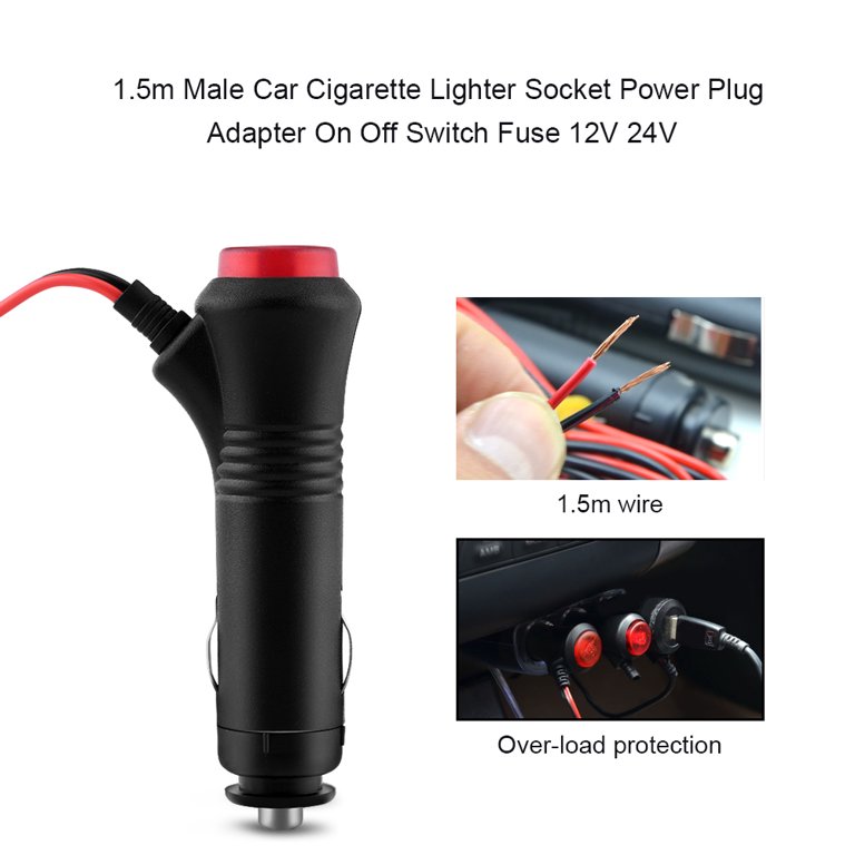 Octpeak Cigarette Lighter Connector,1.5m Male Car Lighter Socket Power Plug  Adapter On Off Switch 12V 24V