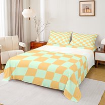 Feelyou Chic Square Abstract Full Size Sheets for Kids, Green Orange Plaid Bed Sheets, Pixelated Blocks Miners Sheet Sets, Luxury Bedroom Decor, 4-Piece