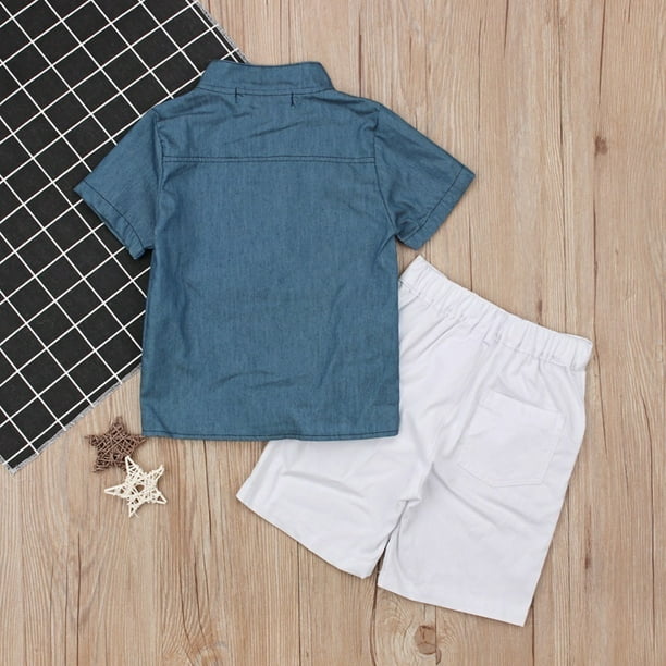 Oota Baby Toddler Boys Summer Outfits:denim Blue Short Sleeve Shirts+White Short Pants For 2-7 Years 5-6 Years