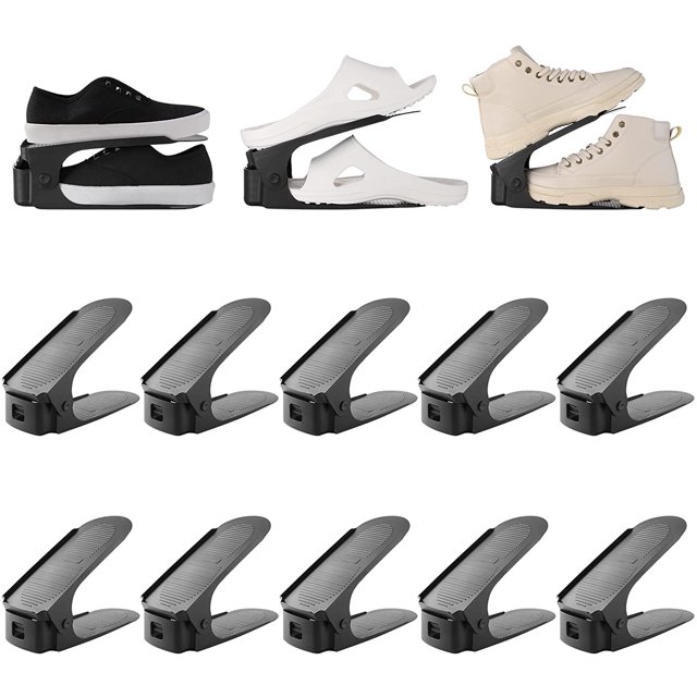 Apilador de zapatos de 10 juegos, zapatero de 6,5 cm/10 cm/15 cm, organizador de zapatos de material PP, ahorro de espacio ajustable, pila de zapatos de doble capa, antideslizante (negro, 10) JFHHH pequeña