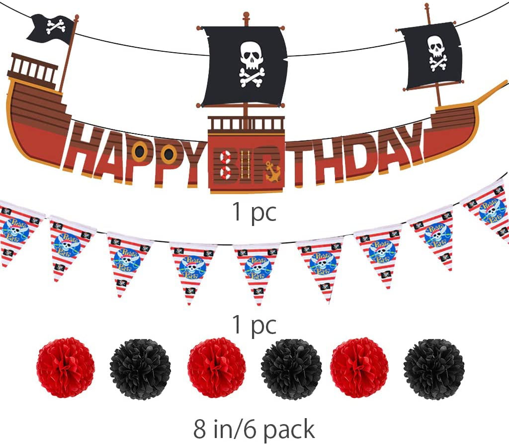 31PCS Pirate Party Supplies Pirate Birthday Party Decorations with Pirate Flag Pirate Balloons Pom Poms Happy Birthday Banner for Kids Bady Shower Birthday Pirate Themed Party Decorations Pump 