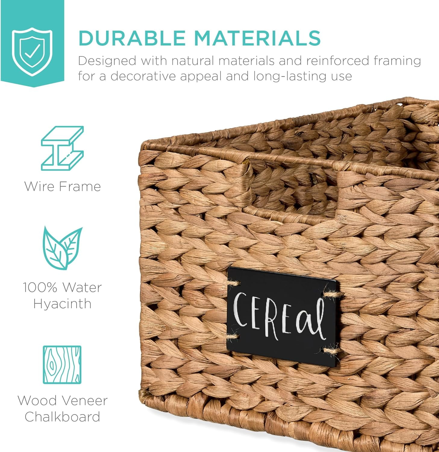 Neatifyes Pantry Baskets Set of 2 16x12in Water Hyacinth Storage Baskets, Woven Wicker Kitchen Organizers with handles w/Chalkboard Label Chalk Marker - Chestnut