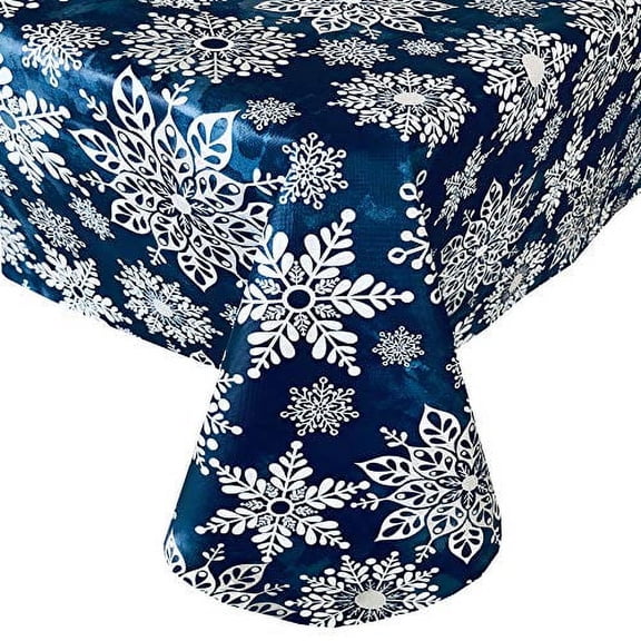 Newbridge Navy Blue Winter Sparkle Snowflake Vinyl Flannel Backed Christmas Tablecloth, Navy and Gray Glitter Snowflake Holiday Easy Care Vinyl Tablecloth, 70” Round