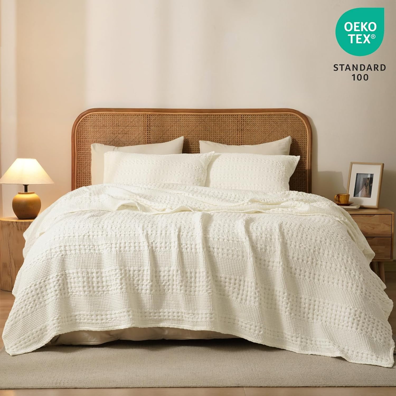 PHF 100% Cotton Waffle Weave Blanket, Lightweight Twin Washed Blanket for Bed Sofa Home Decor, Cannoli Cream, 66"x90"