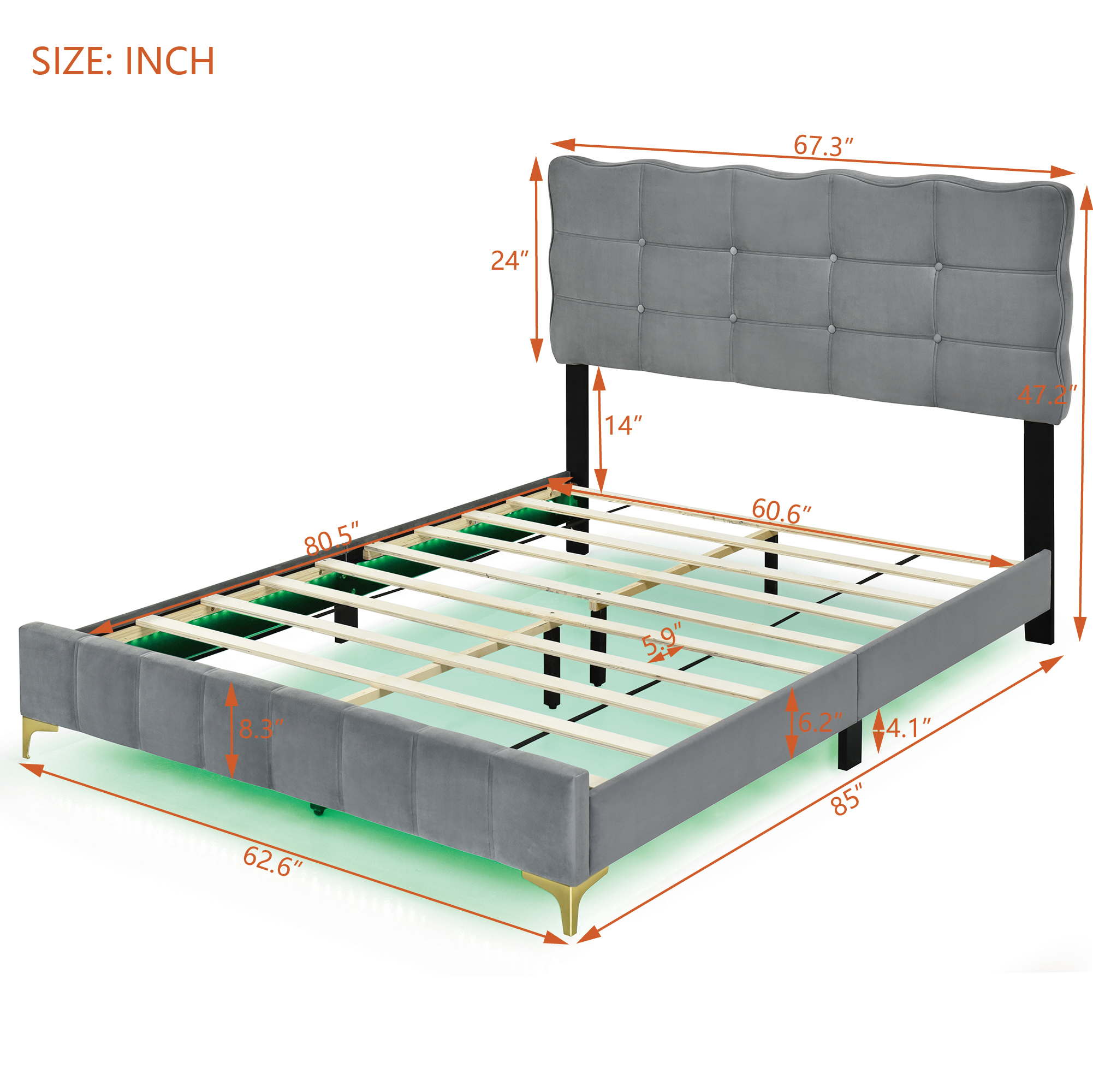 Miniyam Velvet Upholstered Platform Bed, Queen Size LED Bed Frame with Button Tufted Design Headboard and Solid Wood Slat Support, Gray