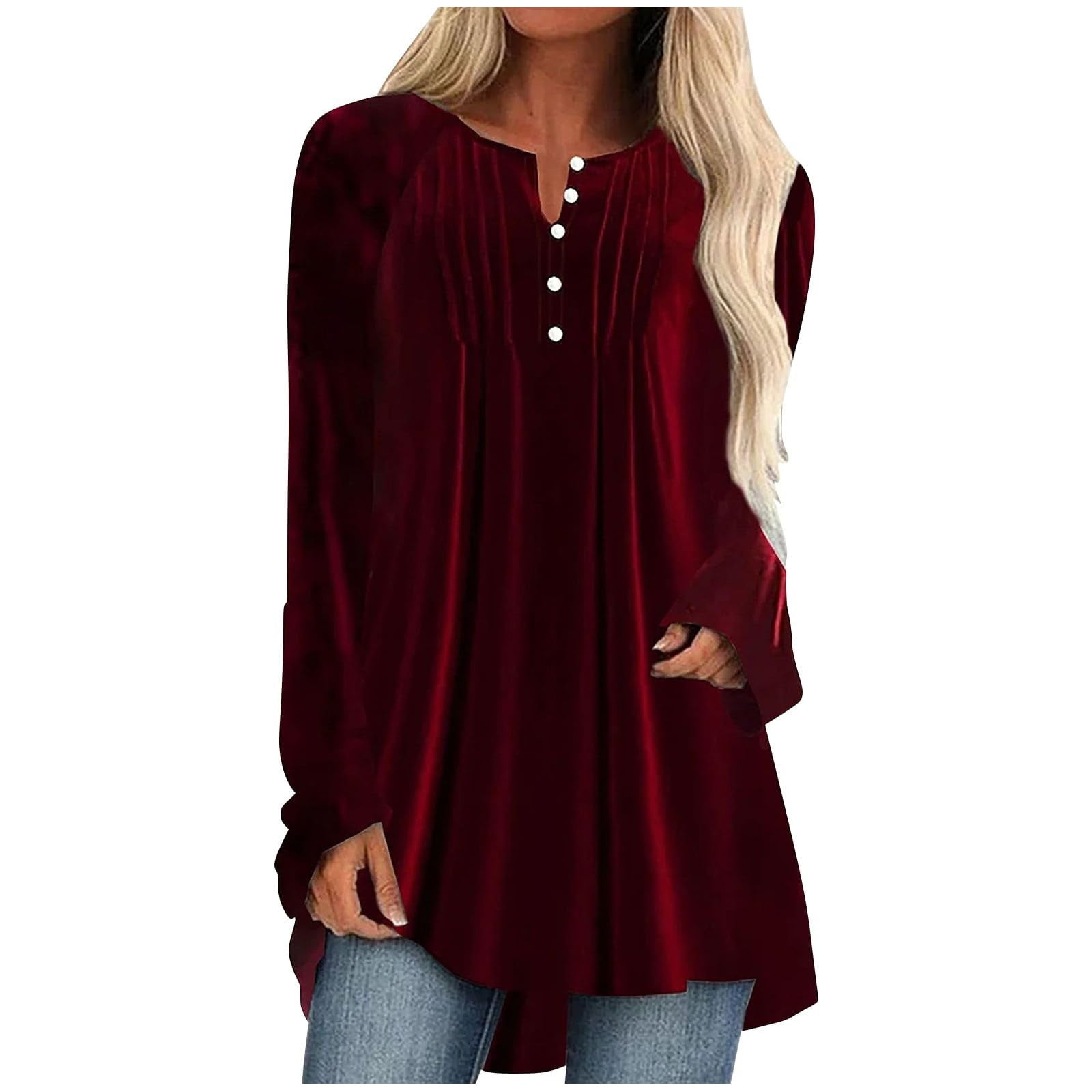 ylioge Velvet-Shirts for Women Plus Size S-5X Long Sleeve Tunic Tops Womens Trendy Solid Color Pullover Button Crewneck Pleated Raglan Blouses Top