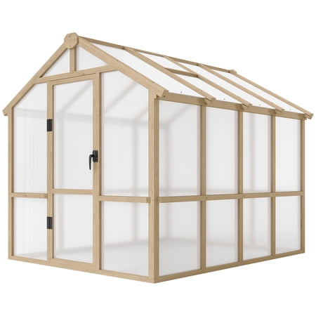 Wooden Greenhouse 6.6 x 8 ft Polycarbonate Walk-in with Lockable Door Thickened Panels, Roof Vent