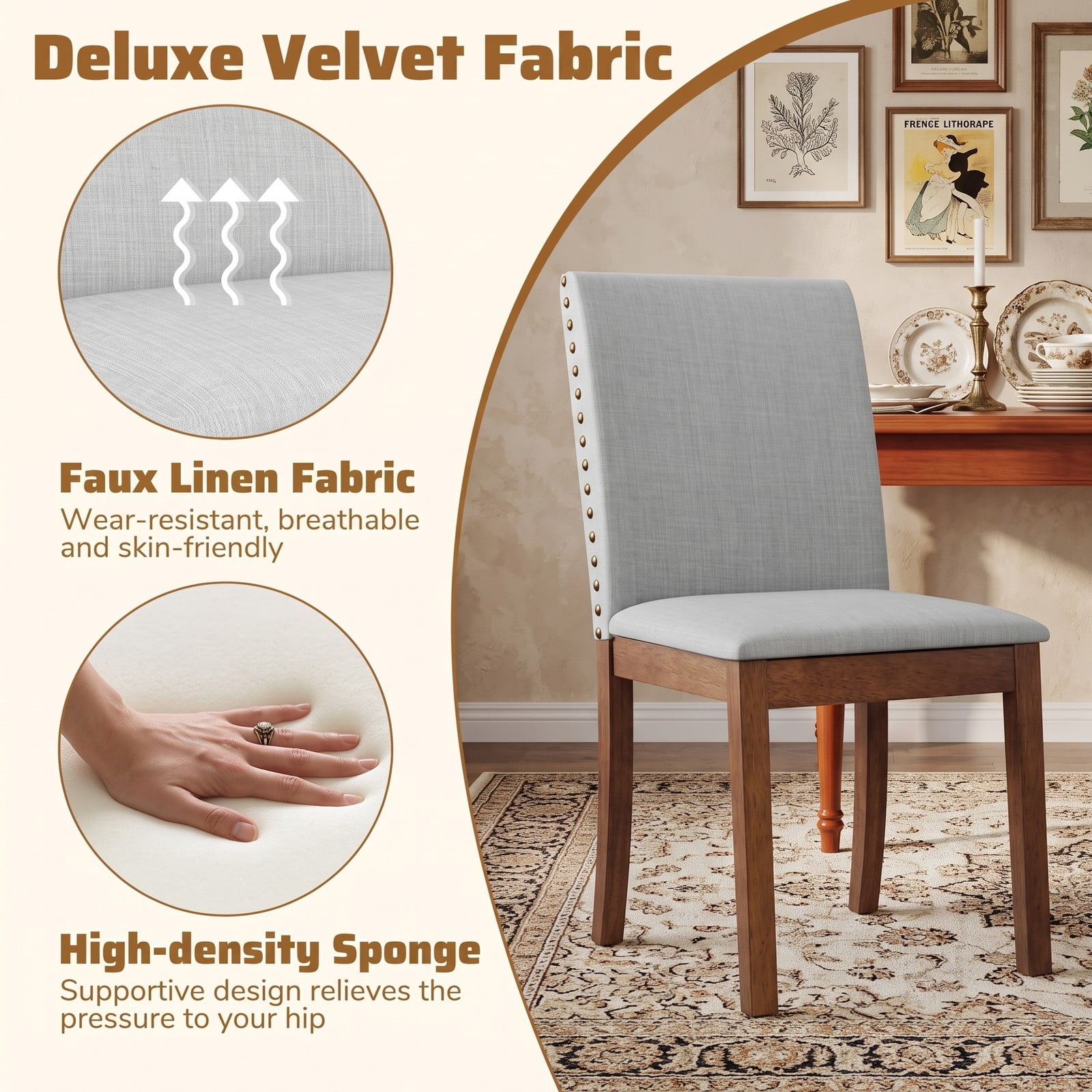 Furnibear Set of 2 Upholstered Dining Chairs, Rubber Wood Faux Linen Fabric Accent Side Chairs with Padded Seat and Nailhead Trim for Dining Room, Ash Gray & Walnut
