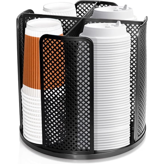 Rotating Paper Cup Dispenser, Cup Holder with 4 Compartments, Disposable Coffee Cup Dispenser Removable, Plastic Cup Storage & Lid Holder for Countertops, Kitchen, Coffee Stations (Black)