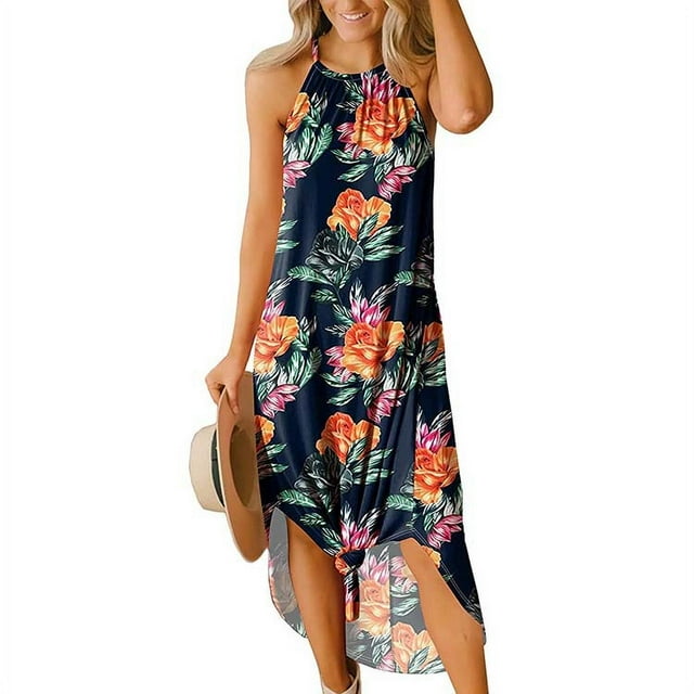 Nouveau Sans Manches Imprimé Floral Longue Robe Imprimé Plage Irrégulière Grande Robe de Balançoire