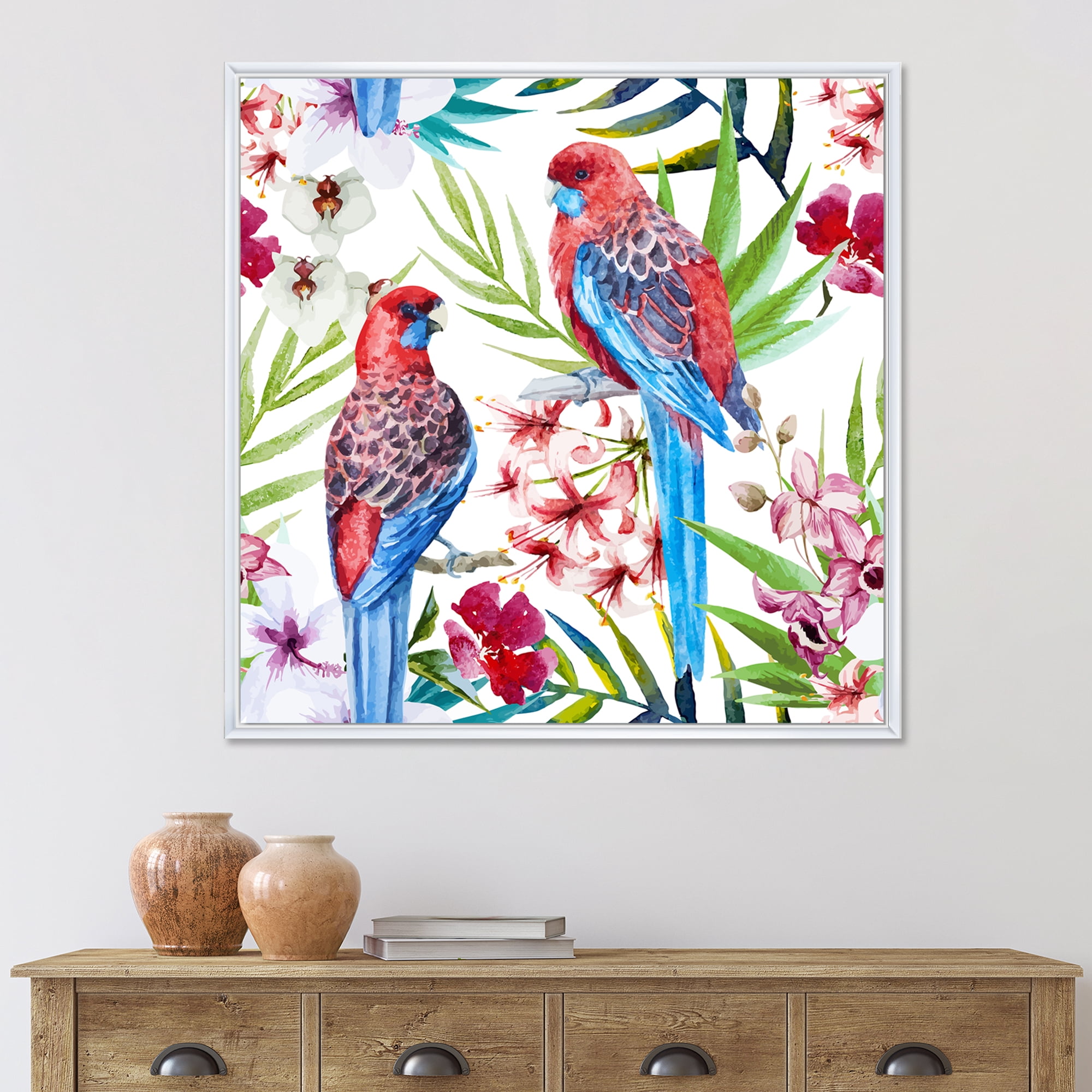 Designart 'Rosella Birds Sitting On Flowers Tree Branch' Traditional Framed Canvas Wall Art Print