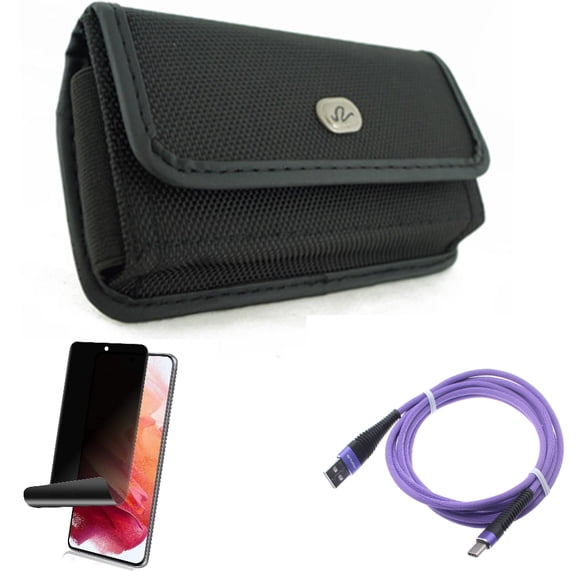 Privacy Screen Protector & 10ft USB Cable & Case Belt Clip for Samsung Galaxy S22 (6.1") - TPU Film Fingerprint Works & Purple Type-C & Rugged Holster Accessory Bundle