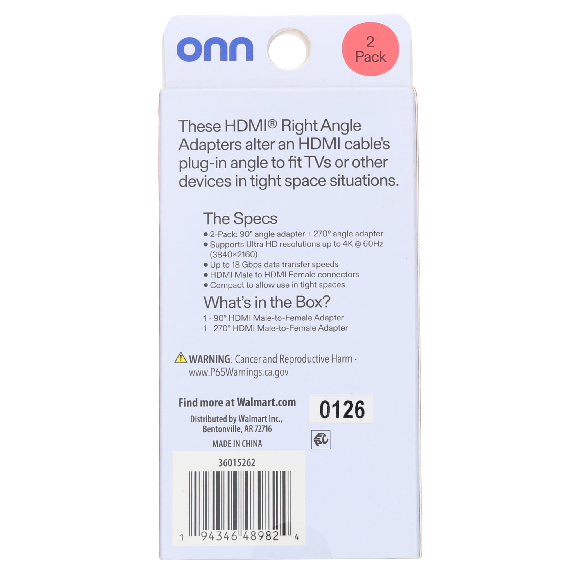 onn. HDMI Right Angle Adapter, 90° & 270° Male-to-Female HDMI Connectors, 4K -  60Hz, 18 Gbps, 2 Pack, Gold-Plated