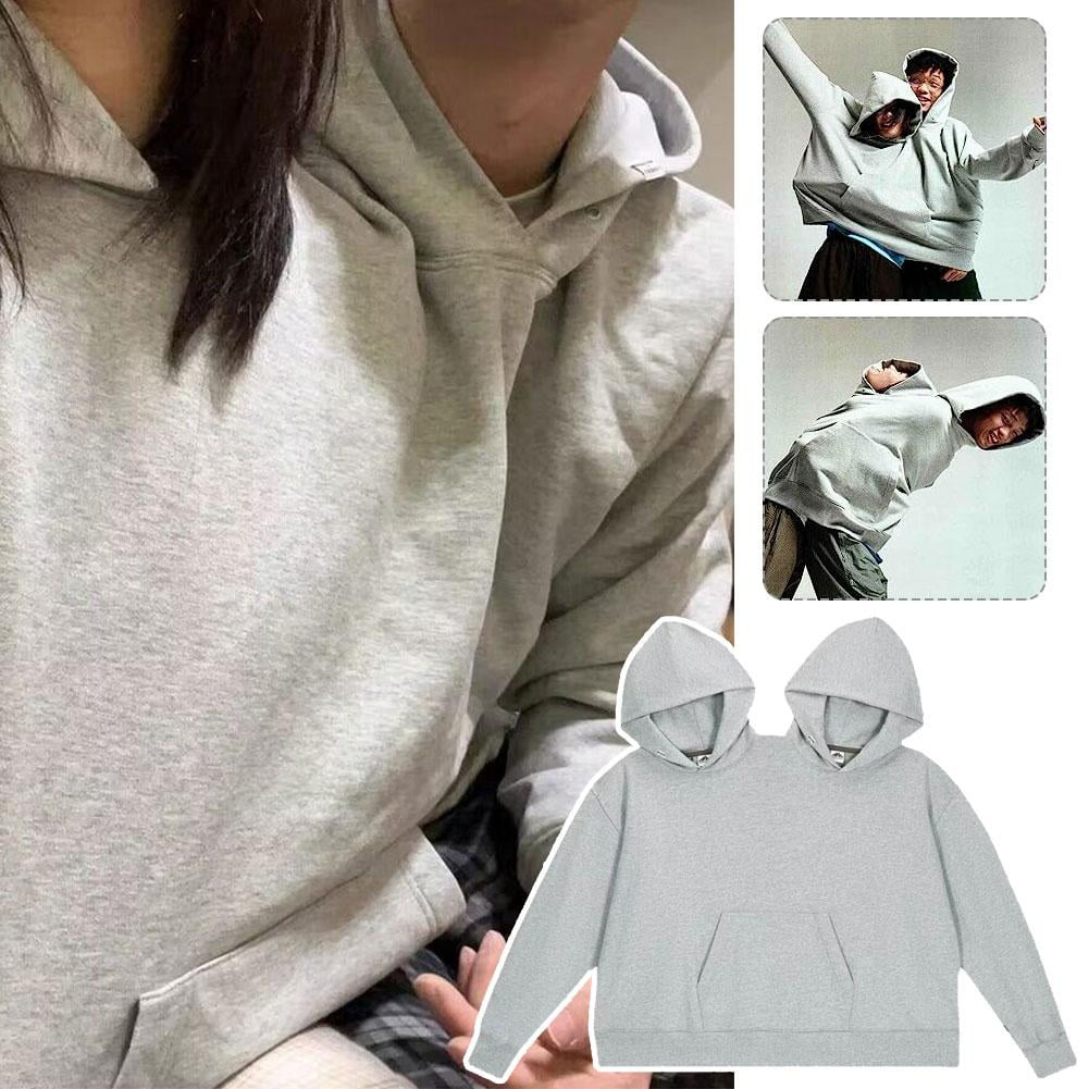 Funny Couple Hooded Sweatshirt, Unisex Casual Long Sleeve Pullover Loose Fit Top For Two People Wearing, Oversized Intimate Hoodie, Grey I2Z6