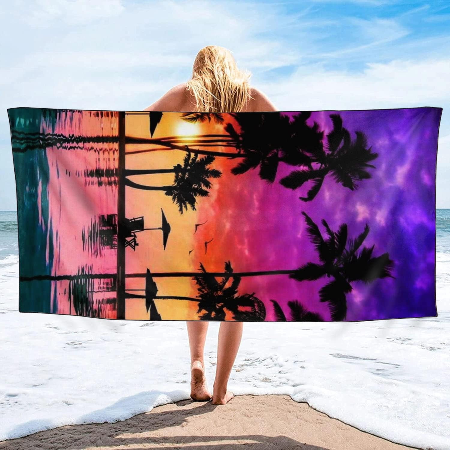 Oversized Beach Towel Quick Dry Sand Free Lightweight Microfiber Beach Towels for Swim Pool Camping Travel, Seaside Sunset Coconut Palm Trees, 36"x72"