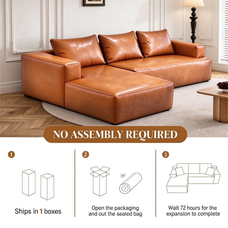 Aukfa 96" Brown Leather Cloud Sectional Sofa, L-Shaped photo 7