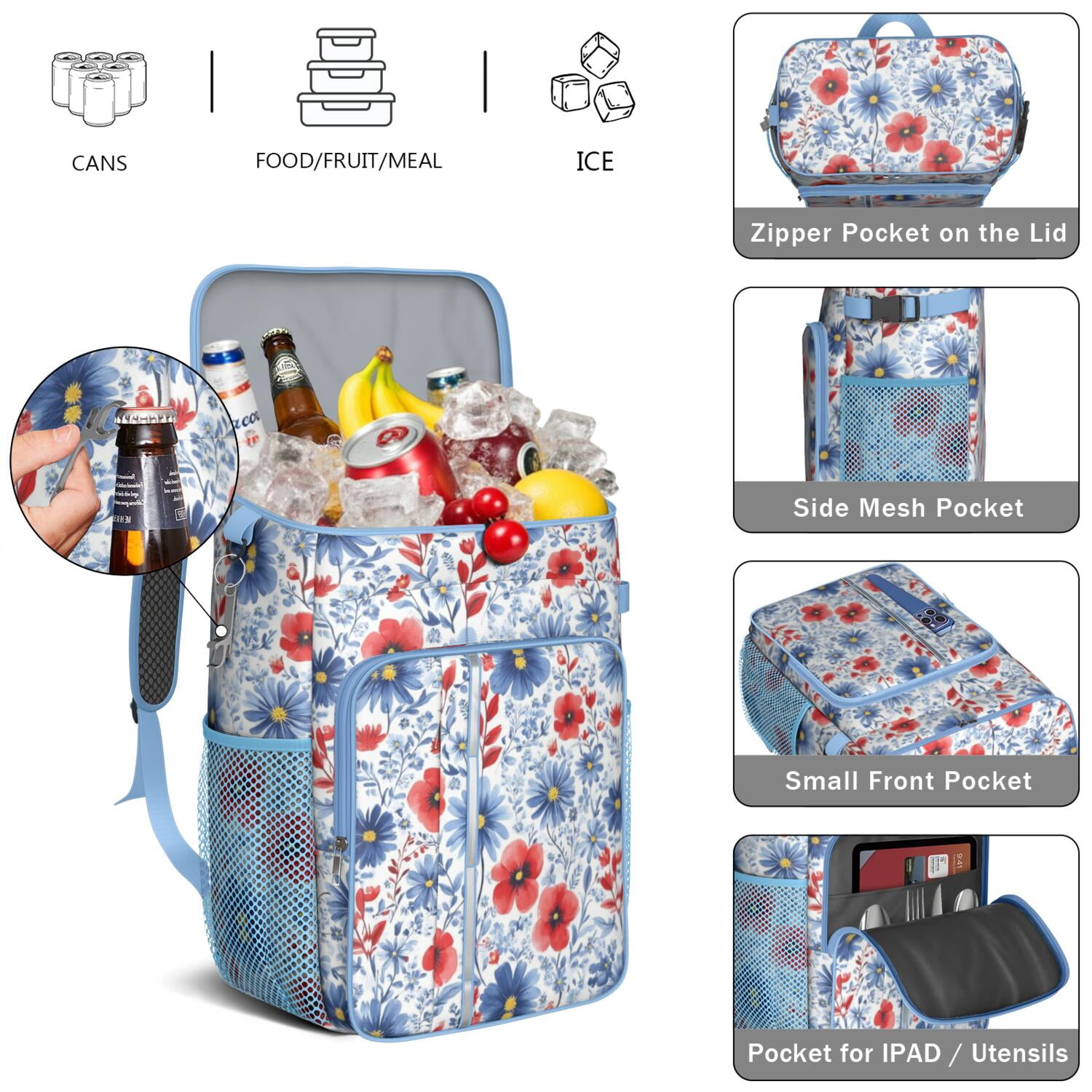 Travel Cooler Bag - Pioneer Flower Camping Beer Cooler Backpack with Bottle Opener- Waterproof Insulated Picnic Backpacks - Cooler Bag for Beach