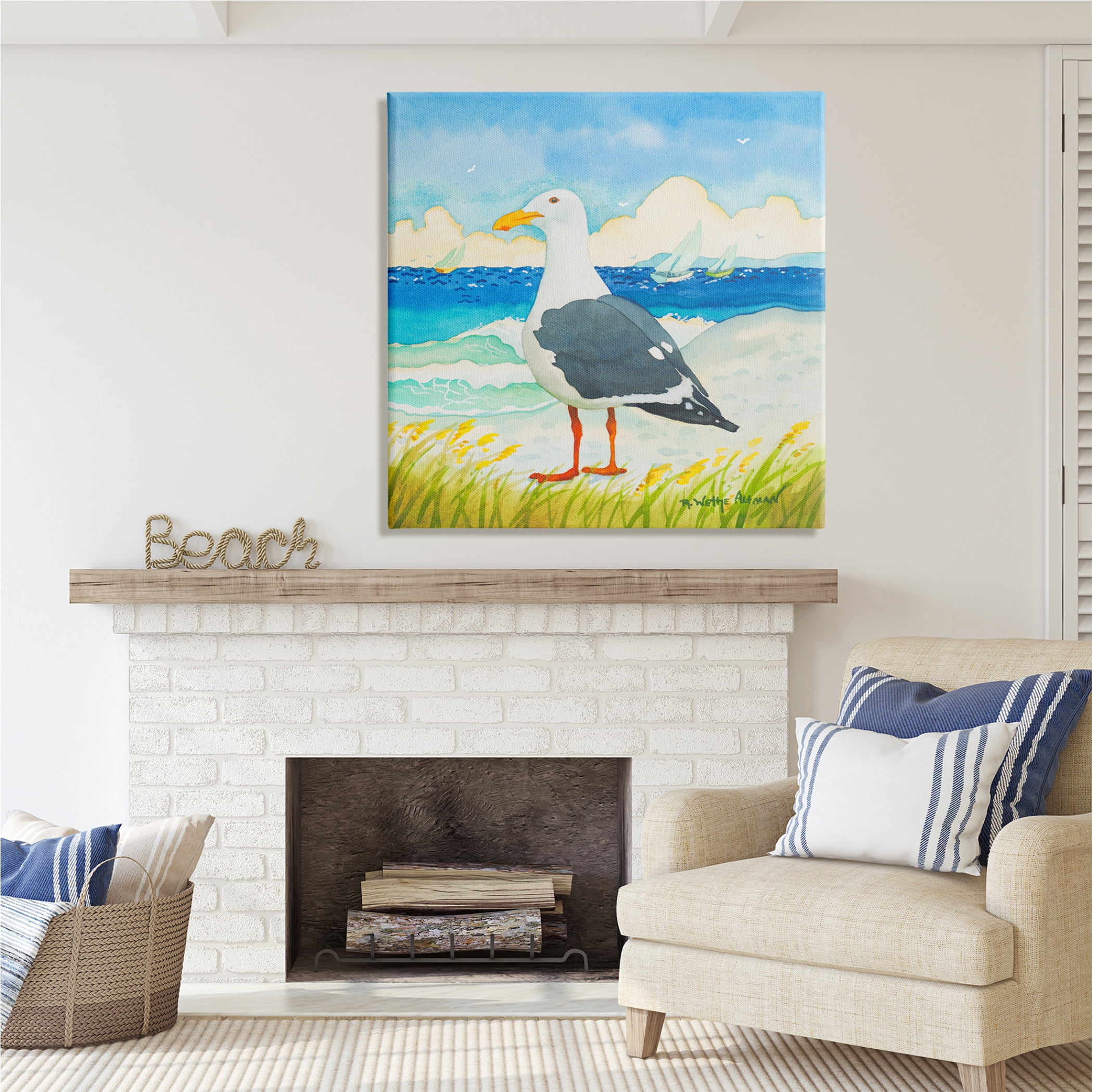 Stupell Industries Seagull on Beach Painting Animals & Insects Painting Gallery Wrapped Canvas Print Wall Art, 36 x 36
