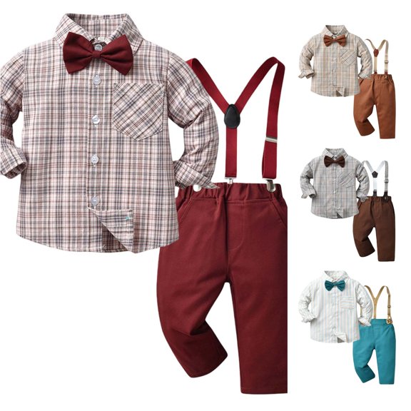 CUZIBR Boys Outfits Lapel Collar Toddler Long Sleeve Striped Plaid Prints T Shirt Tops Pants For Child Kids Gentleman Clothes Sets,Brick Red,8-9 Years