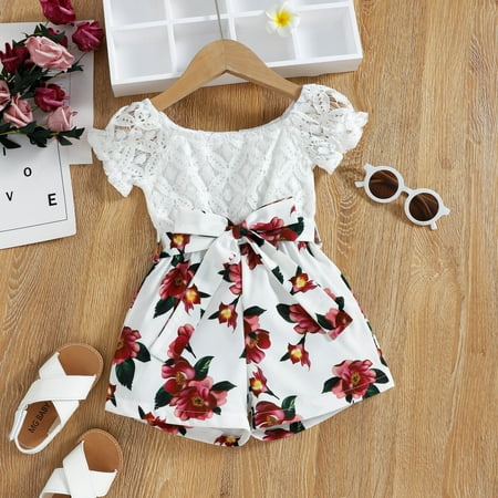 

Toddler Girls Short Sleeve Lace Romper Floral Printed Jumpsuit Clothes White 120