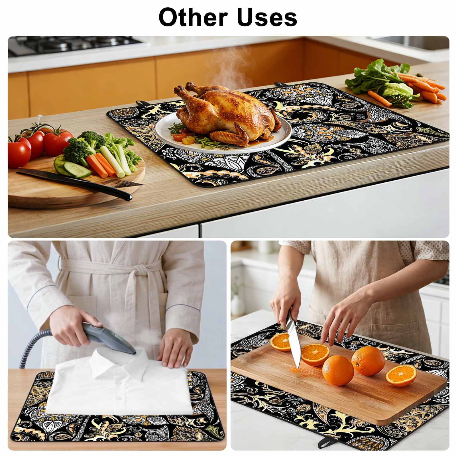 Black Floral Stove Top Cover for Electric Stove, Heat-proof & Non Slip Glass Top Stove Cover Protector, Boho Botanical Vintage Paisley Flower Kitchen Flat Cooktop Rubber Mat 24x21 Inches