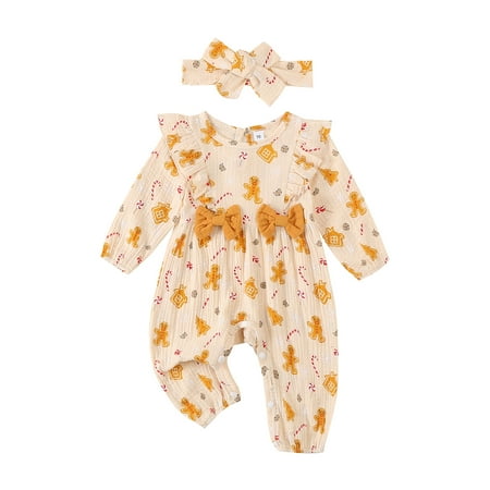 

Binshrliy Baby Girls Christmas Clothes Jumpsuit Headband 3M 6M 9M 12M Newborn Print Long Sleeve Ruffles one-piece Bodysuit Fall Clothing for Infant