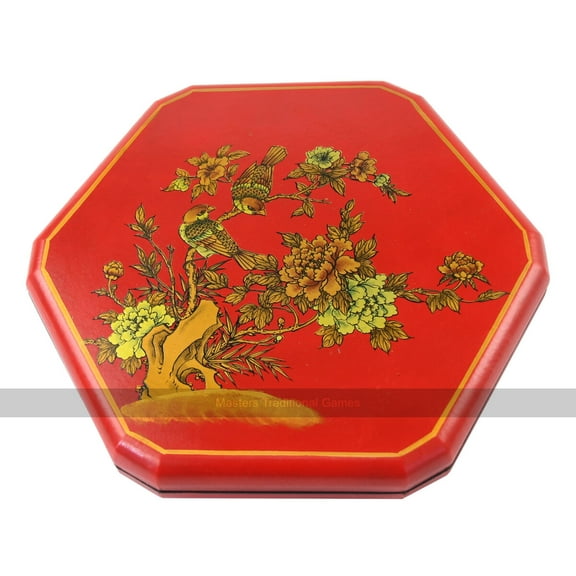 Chinese Checkers in Leatherette Box with Wooden Marbles (Birds and Flowers with red background design)