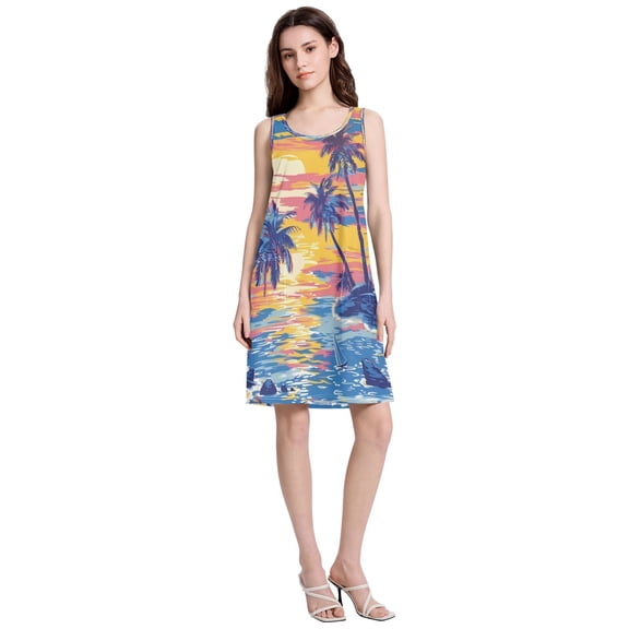 Women's Casual Sleeveless All Over Print Dress Loose A Line Flowy Dresses with Pockets Sunset Beach S