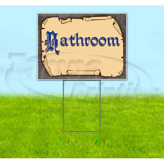 Medieval Fair Bathroom Blue Scroll (18" x 24") Yard Sign, Includes Metal Step Stake