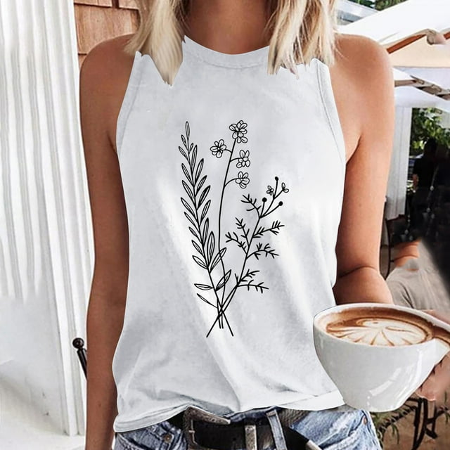 Sentmoon Hauts Grande Taille pour Femmes Col Rond Débardeurs pour Femmes Coupe Ample Imprimé Floral Sans Manches Tenues de Printemps 2025 Été Décontracté Femmes pour Brunch de Fin de Semaine Blanc G