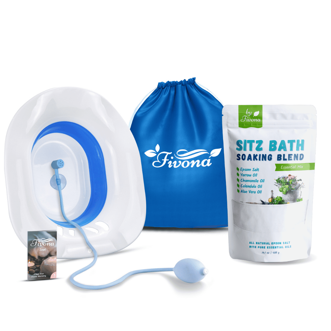 Fivona Sitz Bath Seat Soak Kit 4 in 1 Bundle of Expandable Toilet Seat with All Natural Soaking Blend; Massage Hand Flusher and Storage Bag; Postpartum Care and Hemorrhoid Treatment