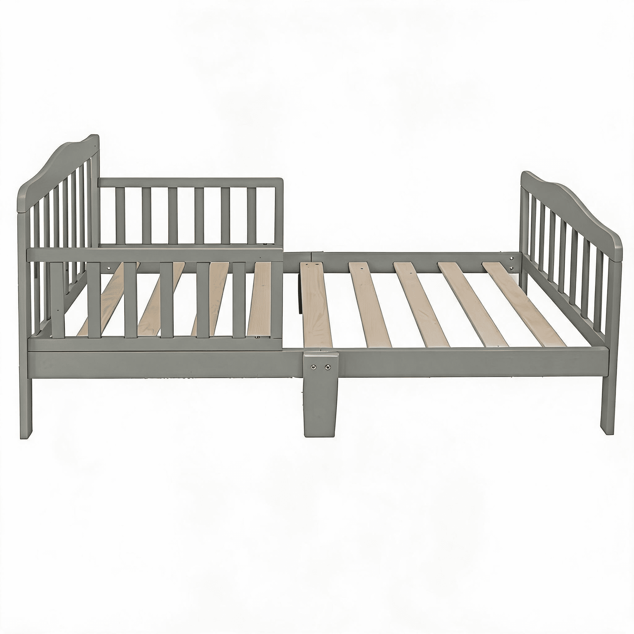 Gray Pine Wood Toddler Bed with Double Side Safety Guardrails, Low 8in Height Kids Transition Bed for Boys Girls Bedroom