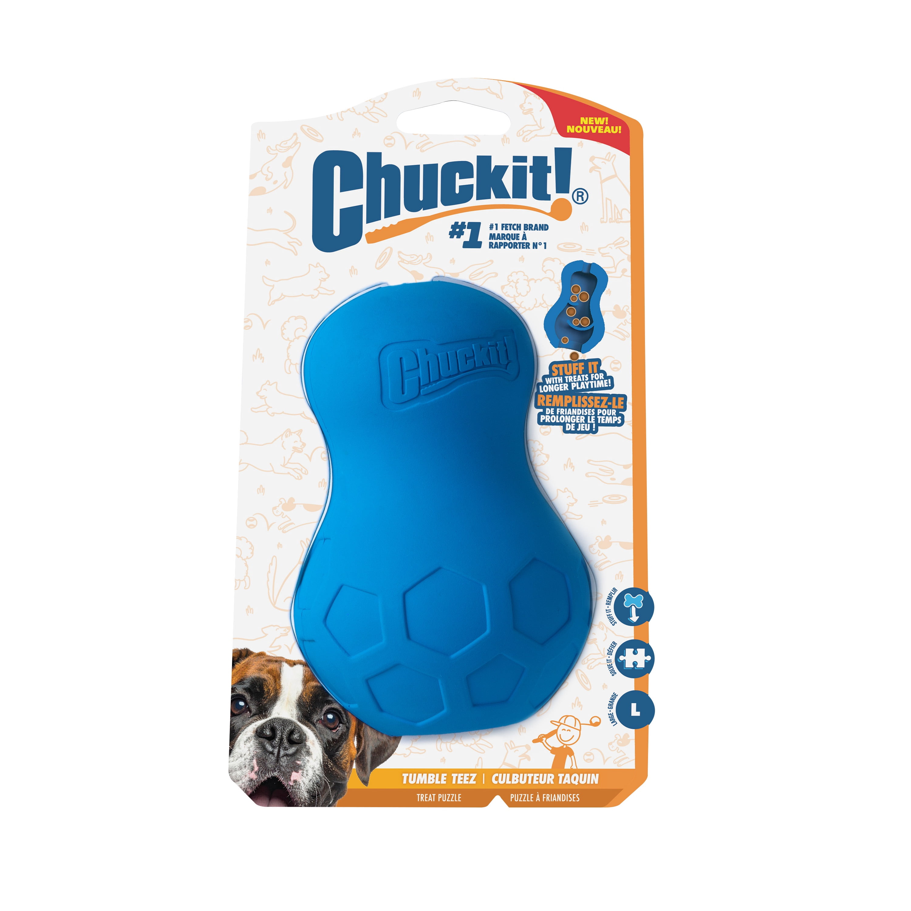 Chuckit! Tumble Teez Dog Treat Puzzle Toy, Large, Blue – Treat & Chew Puzzle Pod for Dogs 60–100 lb, Pack of 1