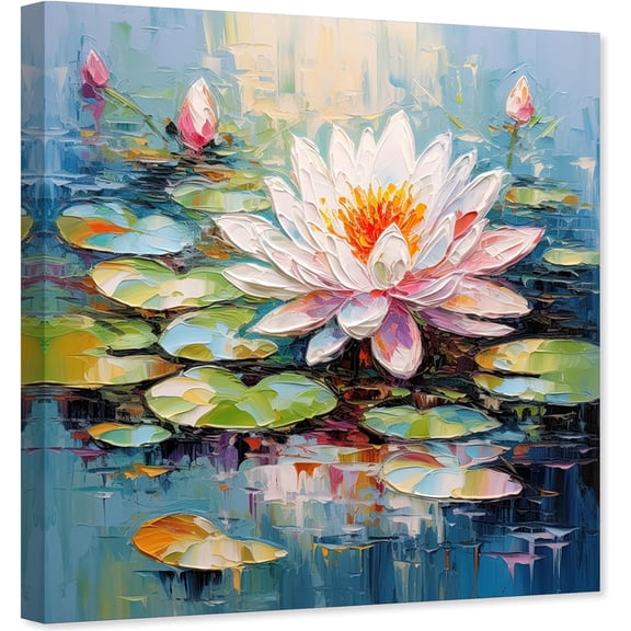 ZHONGYUTONG Lotus Canvas Wall Art Blooming White Flower Painting Zen Floral Watercolour Picture Print for Bathroom Decor Framed (12.00" x 12.00")