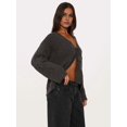 thumbnail image 4 of Women'S Tie Front Cropped Cardigan Sweater V-Neck Open Front Sweater Crochet Cable Ribbed Knit Top Gray M, 4 of 6