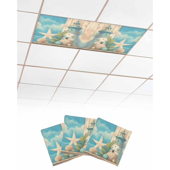 Fluorescent Light Covers for Ceiling Lights 3 Pack,Blue Coastal Magnetic Ceiling Light Covers 2x4ft for Classroom Office School,Watercolor Nautical Starfish Lighthouse Beach Drop Ceiling Light Shade