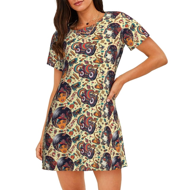 Disketp Fashion Hippie Girl para Camisón Corto de Manga Corta para Mujeres, Camisón Cómodo con Escote Redondo, Bonito y Confortable
