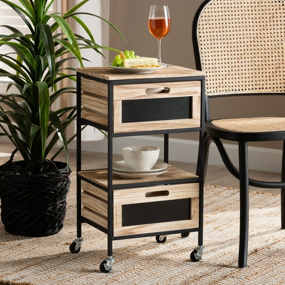Baxton Studio Olinda Modern and Contemporary Oak Brown Finished Wood and Black Metal 2-Drawer End Table
