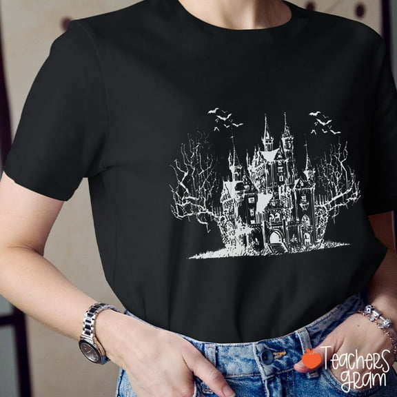 Horror House Dark Art Halloween Teacher T-Shirt, Spooky Gothic Haunted House Tee for Educators, Creepy October School Shirt for Women